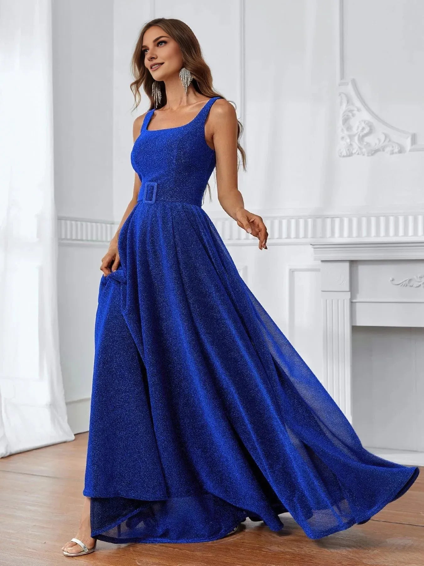 Modern A-Line Square Neck Sleeveless Zipper Up Floor-Length Prom Dress